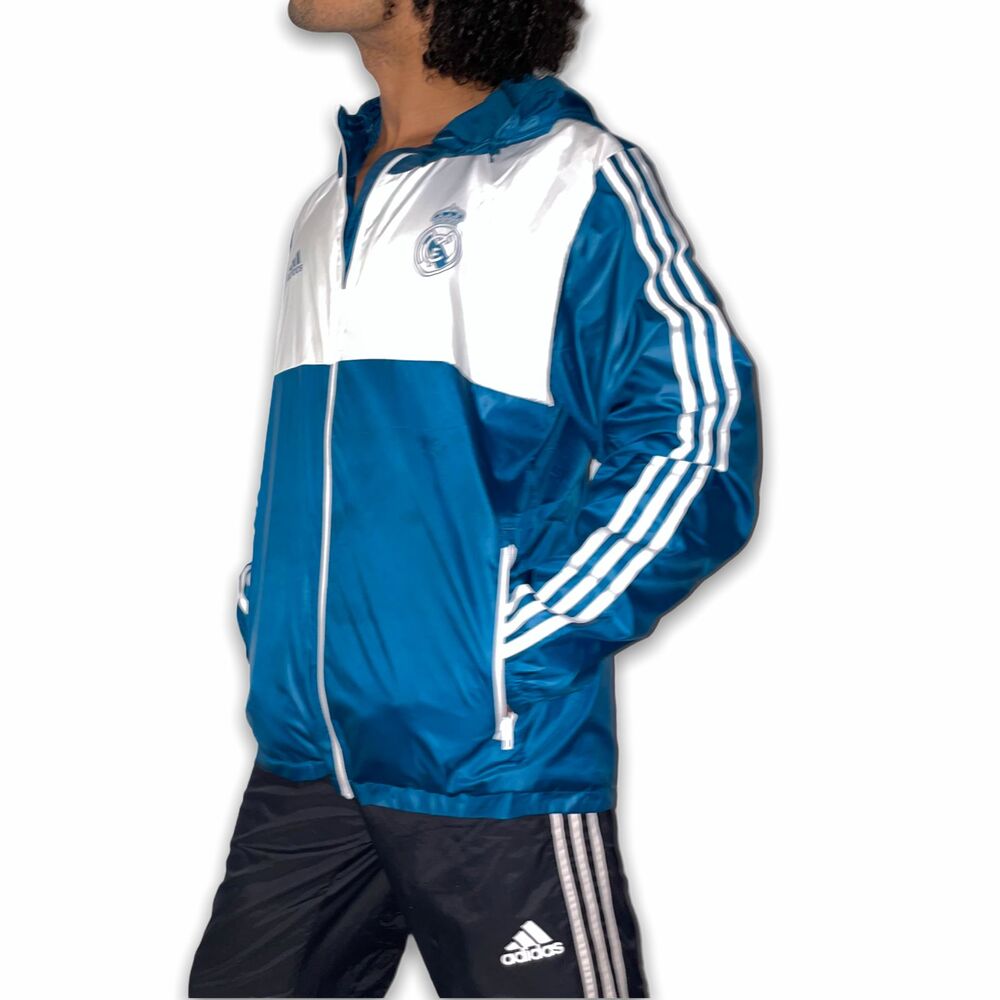 Adidas Vintage Rare Real Madrid Nylon Glanz Anthem Jacket Teal Green White L